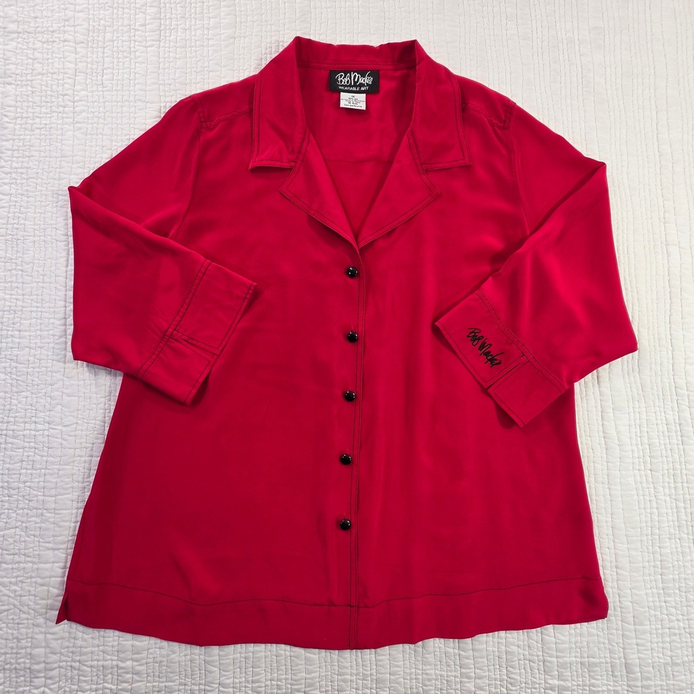Bob Mackie Wearable Art Red 100% Silk Button Front Blouse Top 1X EUC Designer